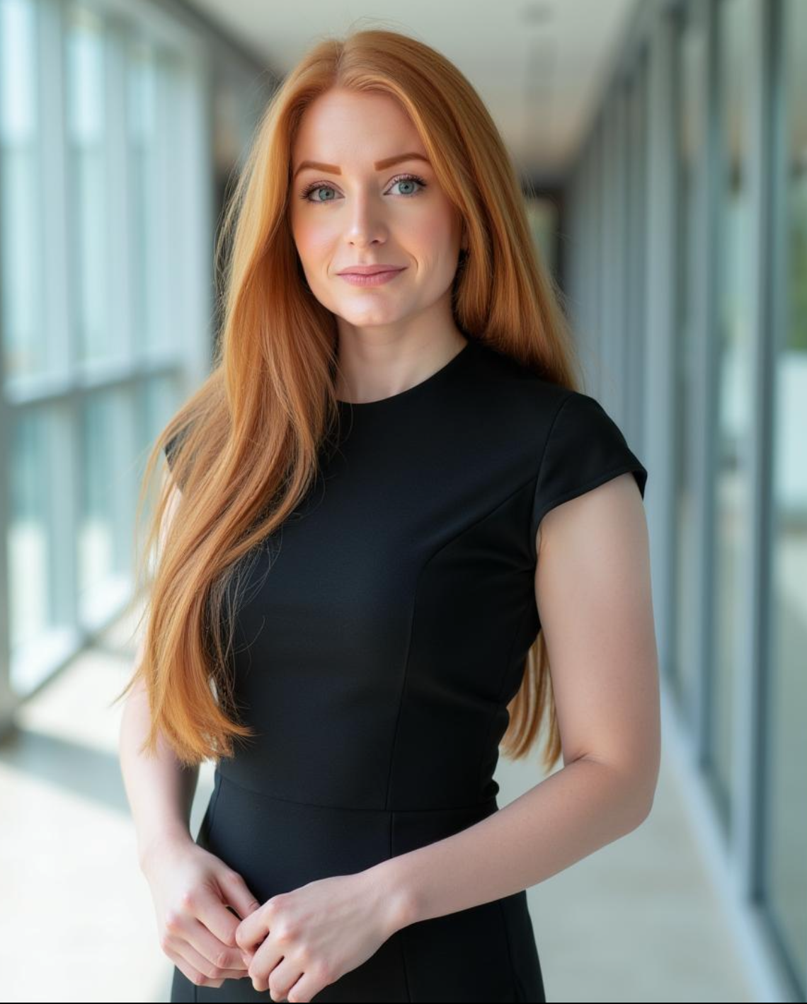 Headshot of Madeline with bright neutral background with her red hair down over her right shoulder and wearing black dress with cap sleeves